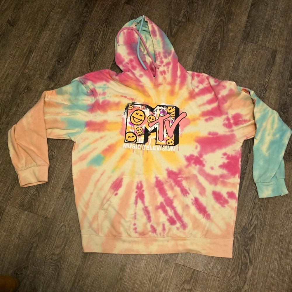 MTV Retro Tie Dye Smiley Face Hoodie  Mens Large